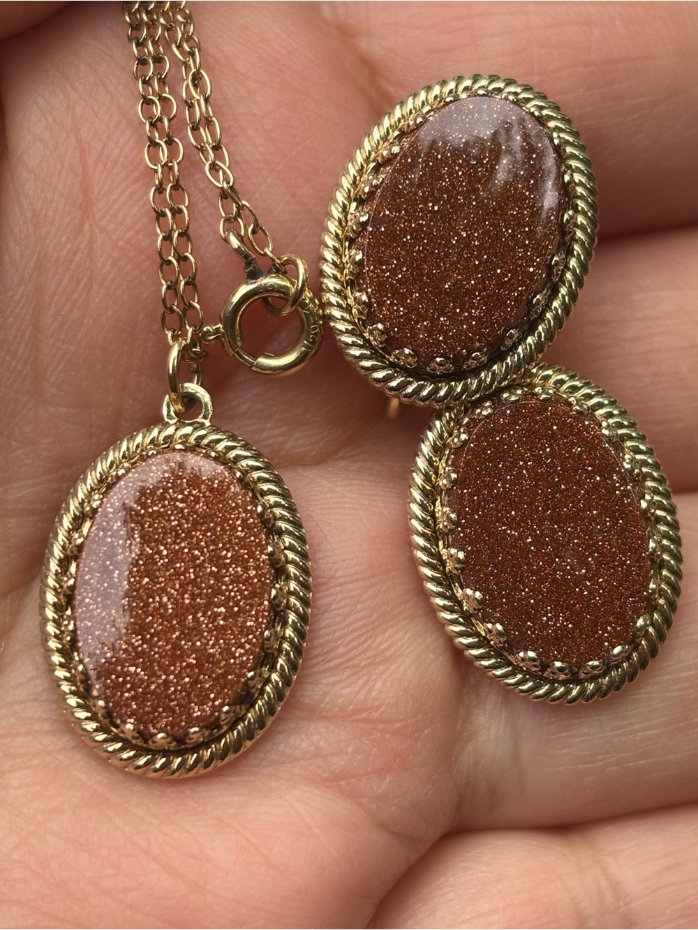 Vintage Goldstone Pendant Necklace Earrings Set Gold Tone GF Chain Oval